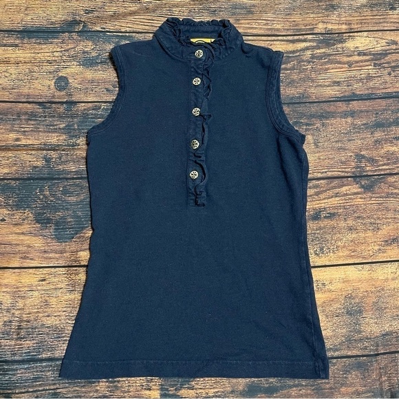 Tory Burch Lidia Ruffle-Placket Polo Blue - Picture 3 of 8